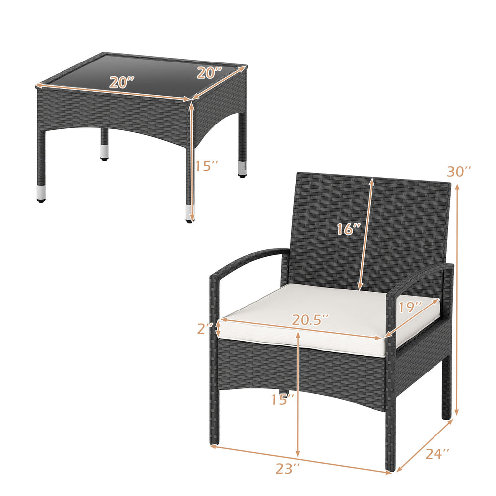 Rattan bistro chair and table set with beige cushions, ideal for outdoor patios and gardens, featuring ergonomic design.