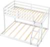 White twin over full low floor bunk bed frame with solid pine wood, integrated ladder, and full-length guardrails for.