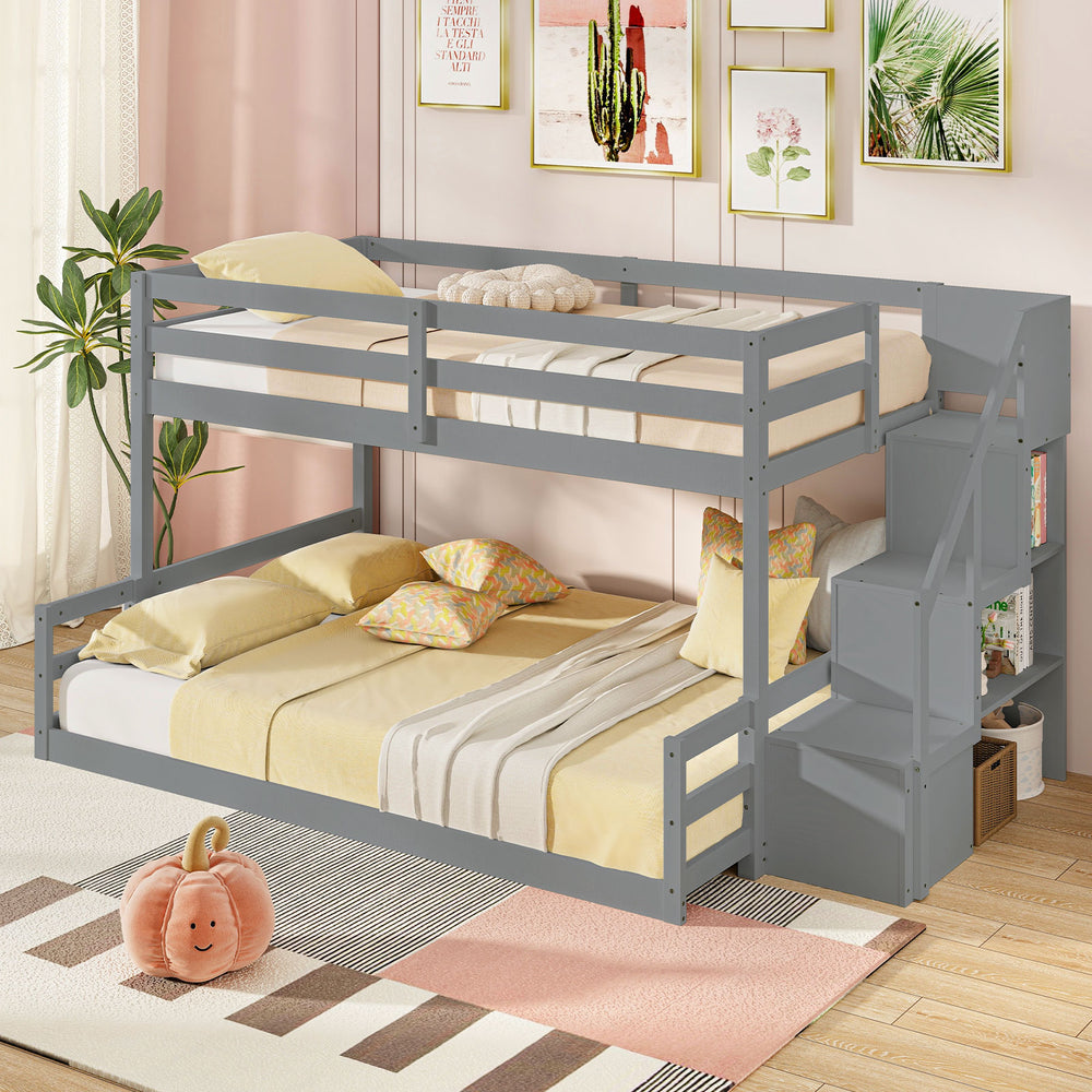 Solid Wood Twin Over Full Low Bunk Bed with Storage Stairs-Grey - Gallery View 1 of 14