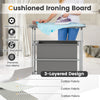 3-section laundry sorter with foldable ironing board, gray cotton cover, and lockable wheels for easy clothing.