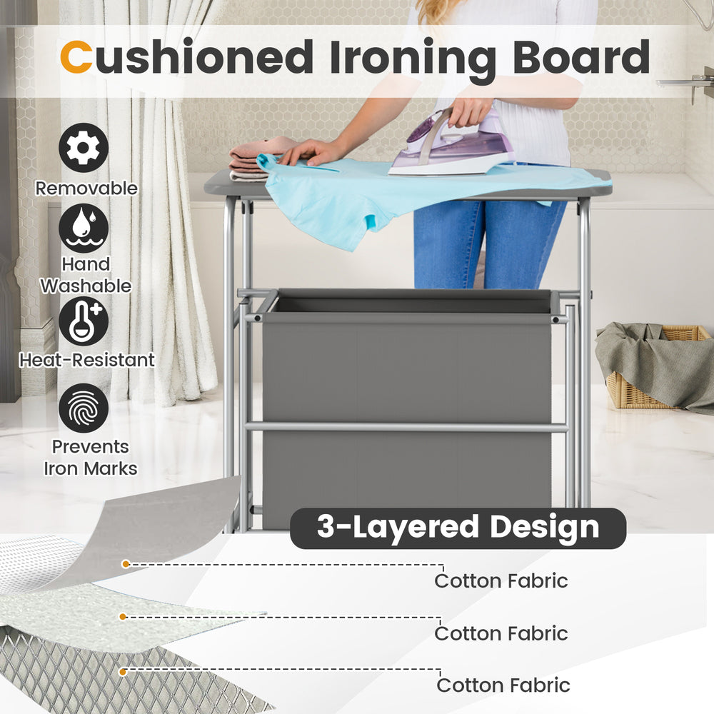 3-section laundry sorter with foldable ironing board, gray cotton cover, and lockable wheels for easy clothing.