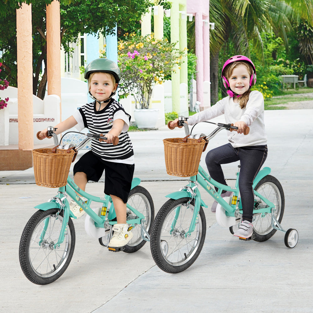 Two kids riding a 16-inch bicycle with training wheels, featuring a basket and adjustable seat, perfect for ages 4-7.