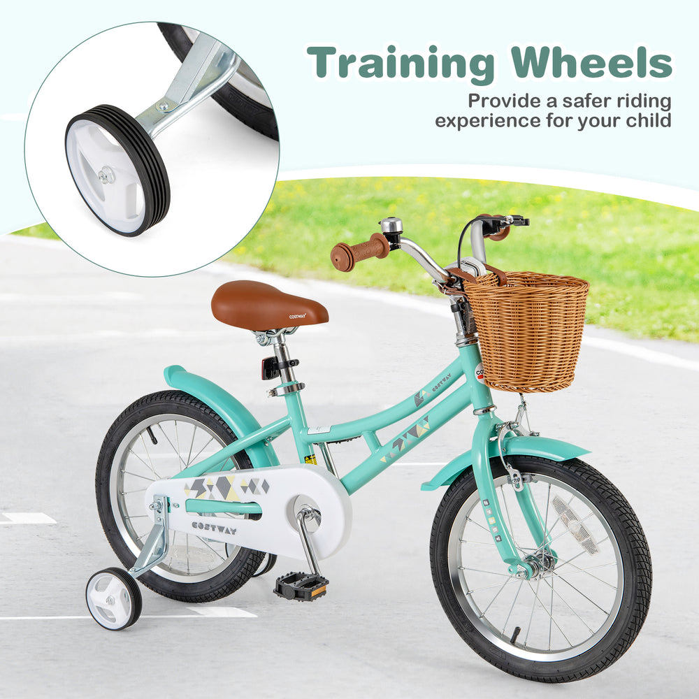16-inch kids bike with training wheels, adjustable seat, and dual brake system for a safer riding experience.