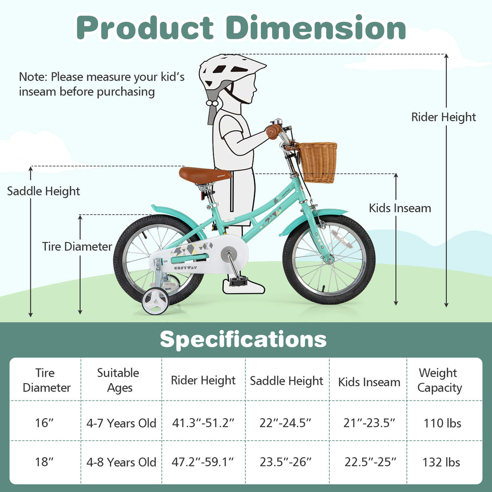 16-inch kids bike with training wheels, adjustable seat, and dual brake system, perfect for ages 4-7 years old.