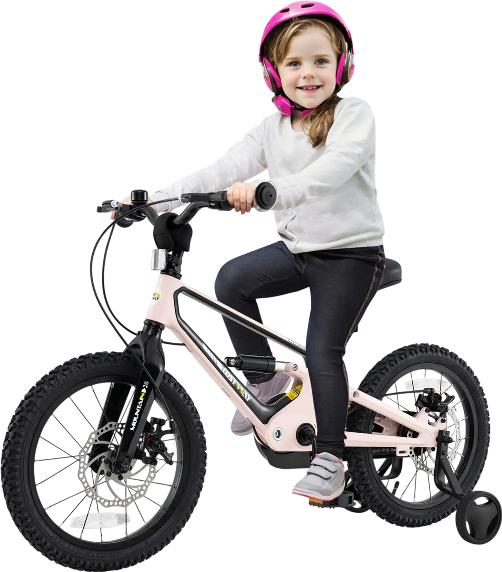 Lightweight 16-inch kids bike with detachable training wheels, adjustable saddle, and dual disc brakes for safety.