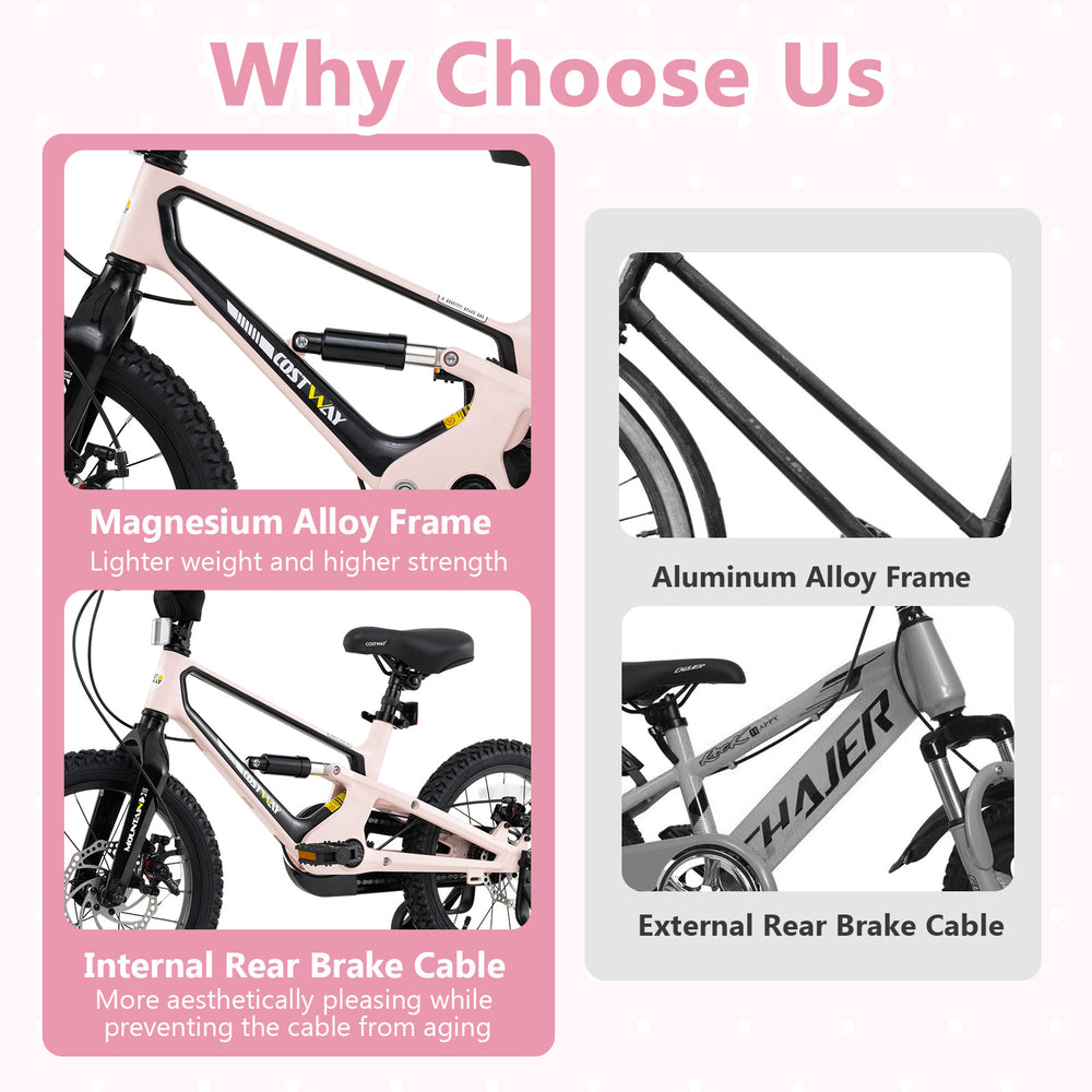 Lightweight 16-inch kids bike with magnesium alloy frame, internal rear brake cable, and detachable training wheels for.