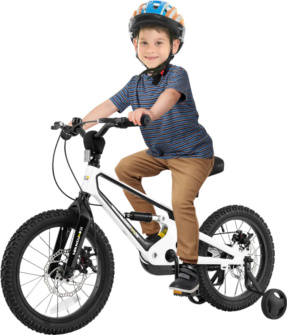 16-inch kids bike with adjustable saddle, magnesium alloy frame, training wheels, and dual disc brakes for safety.