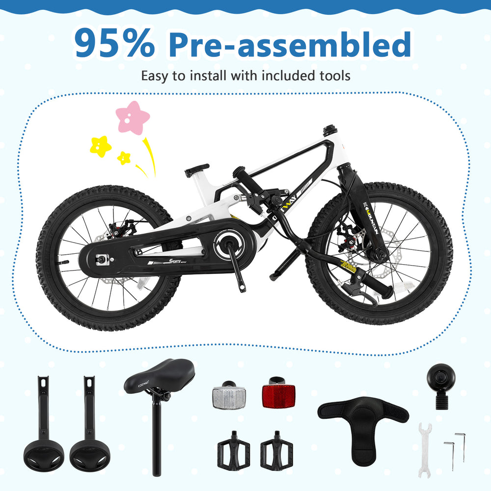 16-inch kids bike with magnesium alloy frame, adjustable saddle, dual disc brakes, and training wheels for ages 4 to 7.