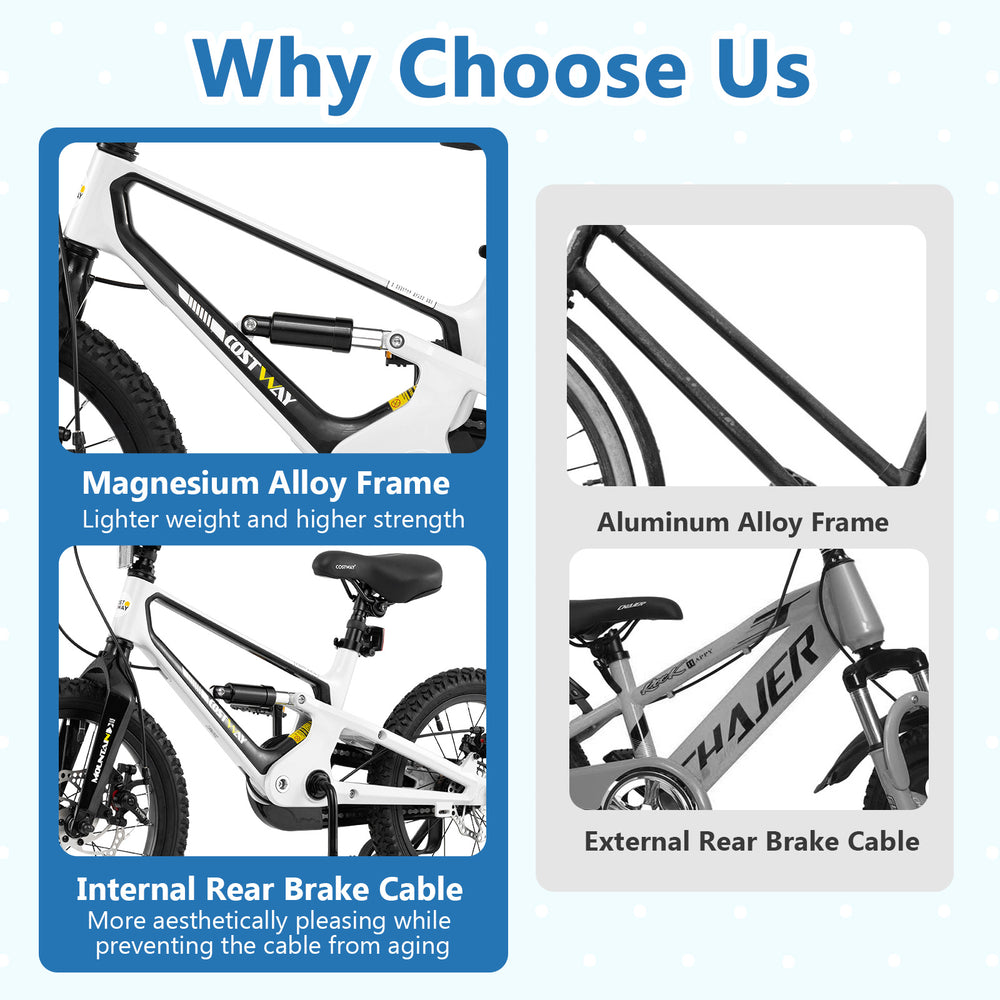 Close-up of the magnesium alloy frame of a 16-inch kids bike, featuring internal rear brake cable for a neat look.