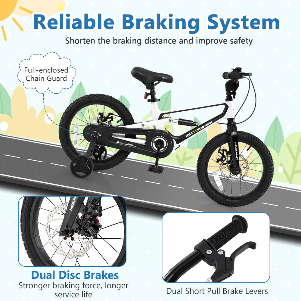 16-inch kids bike with adjustable saddle, dual disc brakes, and full-enclosed chain guard for safety and comfort.