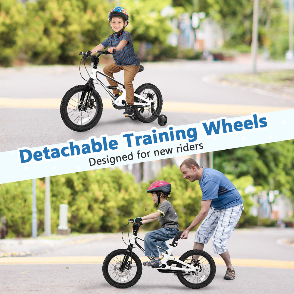 16-inch kids bike with detachable training wheels, adjustable saddle, and magnesium alloy frame for new riders.