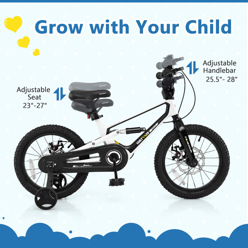 16-inch kids bike with adjustable seat and handlebar, magnesium alloy frame, training wheels for ages 4 to 7.