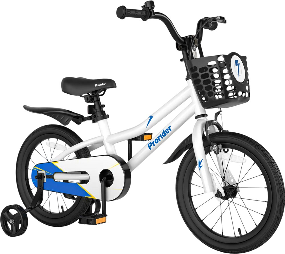 16-inch kids bike in white with removable training wheels, hand brake, and storage basket for safe, comfortable riding.