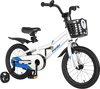 16-inch kids bike in white with removable training wheels, hand brake, and storage basket for safe, comfortable riding.