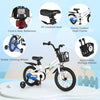 16-inch kids bike in white with removable training wheels, sturdy carbon steel frame, and a storage basket for toys.