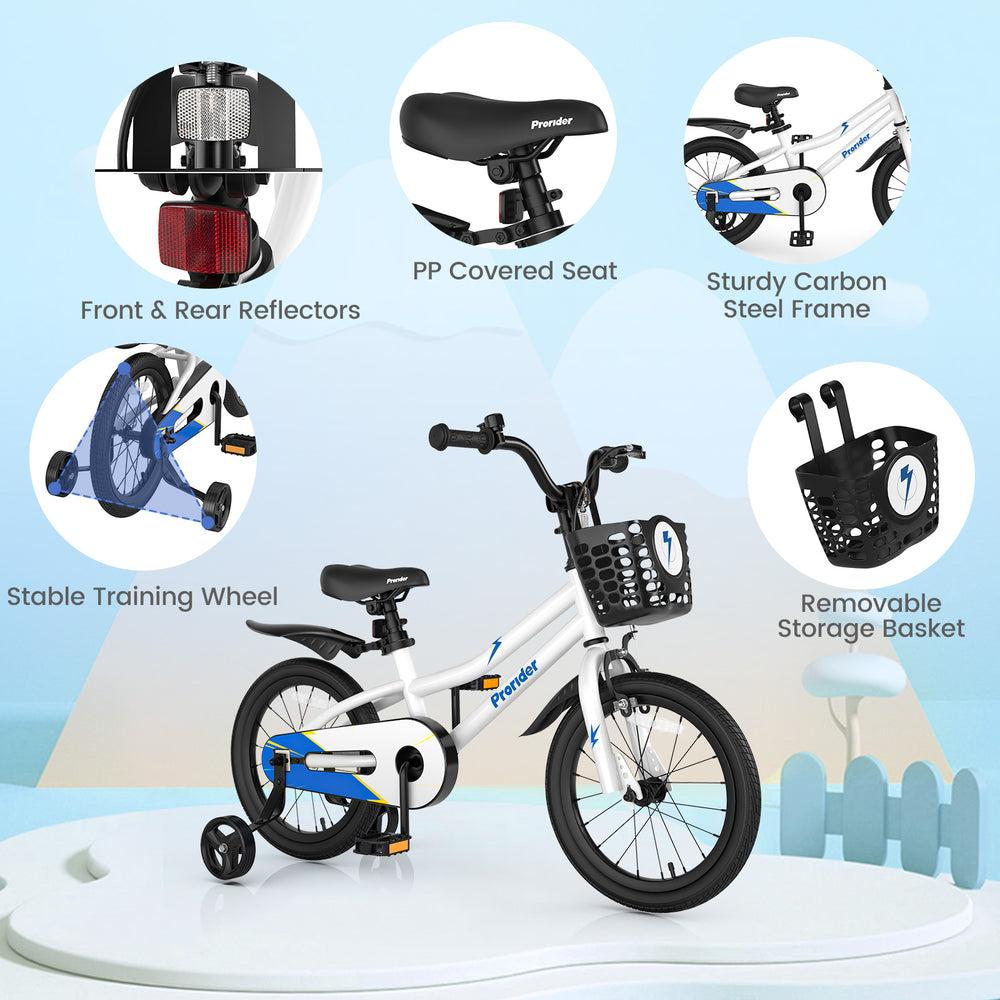 16-inch kids bike in white with removable training wheels, sturdy carbon steel frame, and a storage basket for toys.