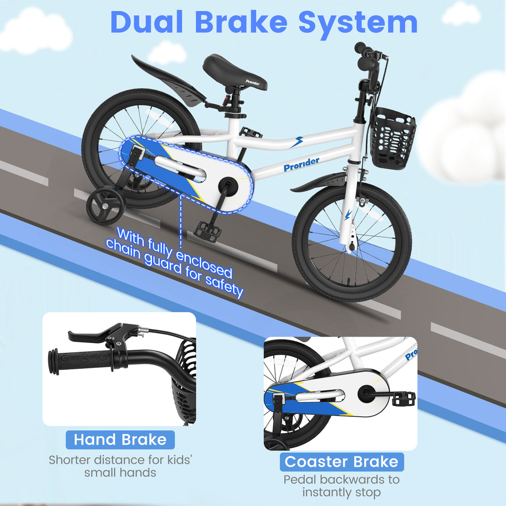 16-inch kids bike in white with removable training wheels, featuring a dual brake system and enclosed chain guard for.