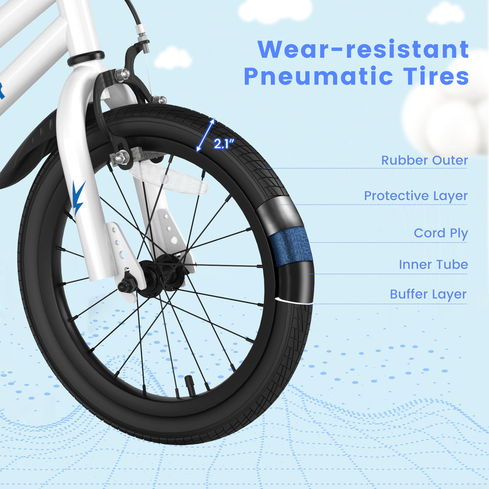 Close-up of the 16-inch kids bike's wear-resistant pneumatic tire with rubber outer and protective layer for safety.