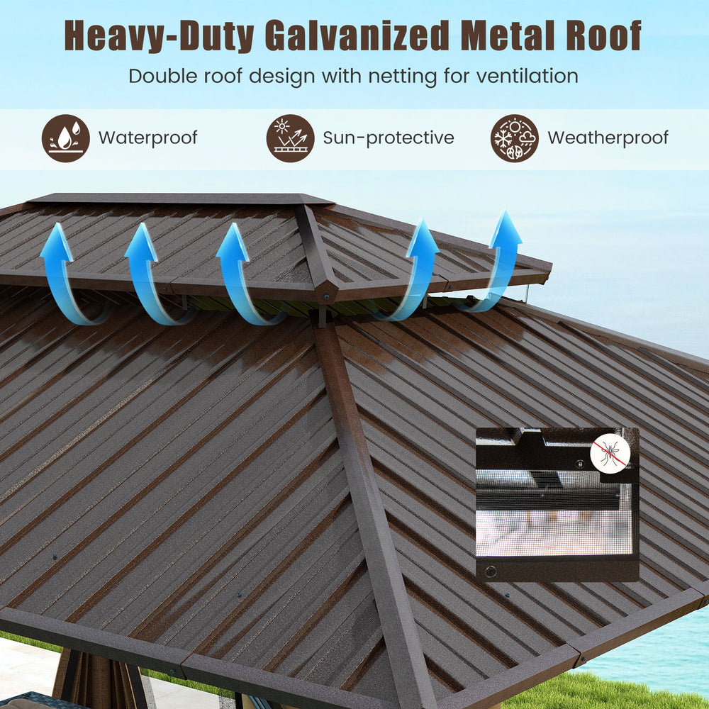 Heavy-duty galvanized metal roof of a 16 x 12 FT gazebo, designed for waterproof and sun protection with ventilation.