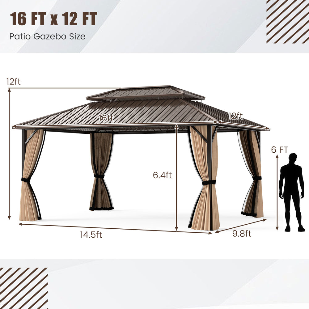 16 x 12 FT hardtop gazebo with waterproof roof and mesh sidewalls, perfect for outdoor patio and backyard gatherings.