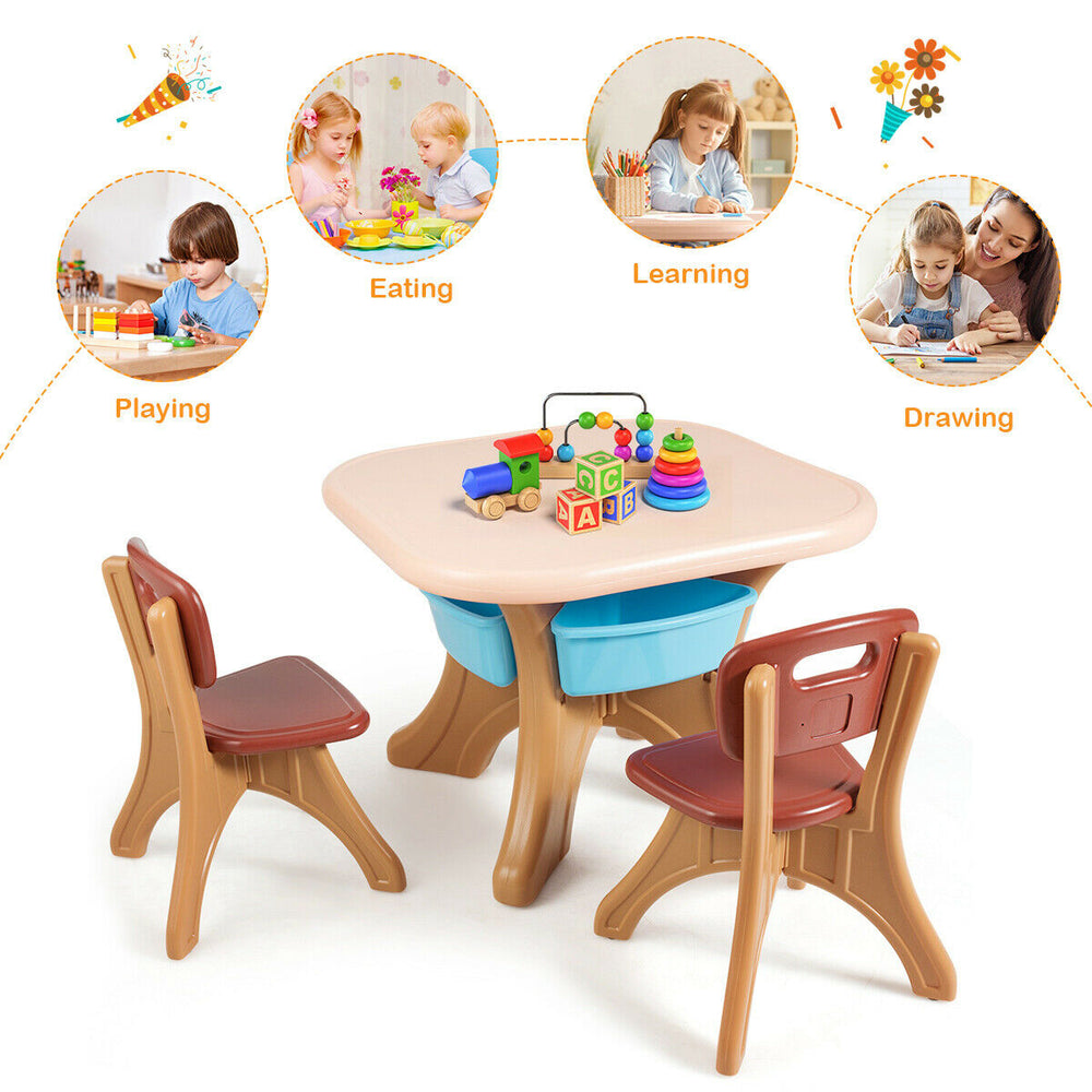 Children's activity table and chair set in brown and beige, featuring storage drawers, perfect for play and learning.