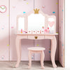 Kids makeup dressing table in pink with tri-folding mirror, sturdy MDF construction, and a drawer for storage.