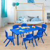Blue kids plastic rectangular table with six chairs, ideal for daycares and home use, perfect for play and learning.