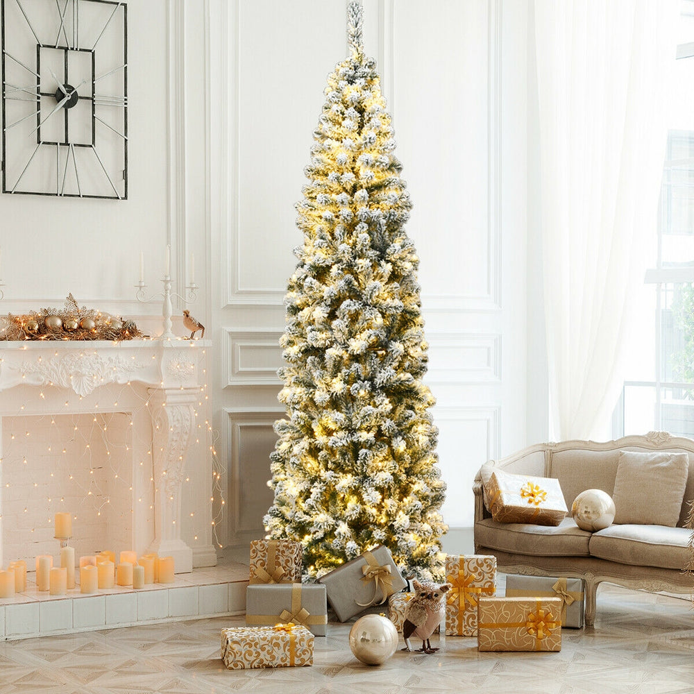 7.5 feet snow flocked artificial pencil Christmas tree with 350 warm LED lights, perfect for limited spaces.
