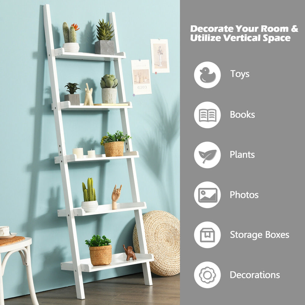 5-tier white wall-leaning ladder shelf for plants and books, featuring a sturdy design and minimalist style for.