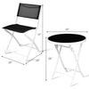 Folding bistro set featuring two black textile fiber chairs and a round glass-top table, perfect for outdoor spaces.