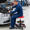 Adjustable height mechanic stool with red PU leather seat, tool trays, and 360° swivel for versatile garage use.
