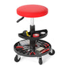 Adjustable height rolling mechanic stool with red PU leather seat, 2-tier tool trays, and 360° swivel for versatile workspace use.