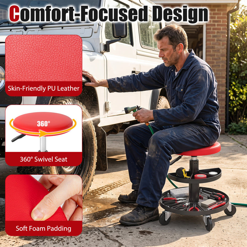 Adjustable height rolling mechanic stool in red with PU leather seat, 360° swivel, and tool trays for convenient storage.