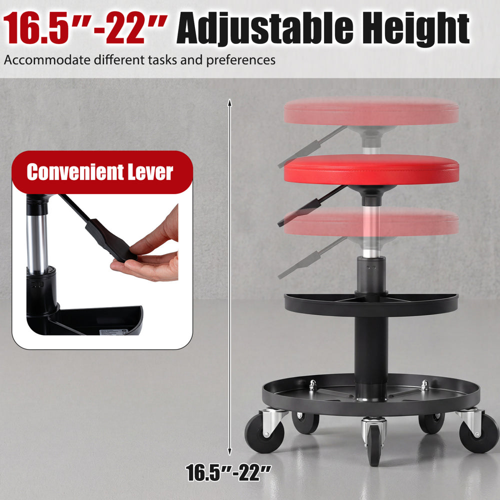 Adjustable height rolling mechanic stool with red PU leather seat, 2-tier tool trays, and 360° swivel for versatile use.