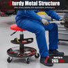 Adjustable height rolling mechanic stool with red PU leather seat, 2-tier tool trays, and sturdy metal structure for 265 lbs capacity.