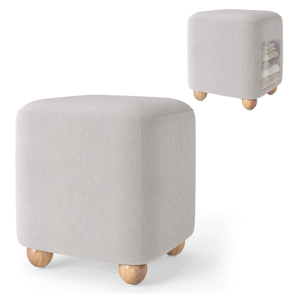 Square gray storage ottoman with rubber wood legs, featuring hidden storage and plush cushioned top for versatile use.
