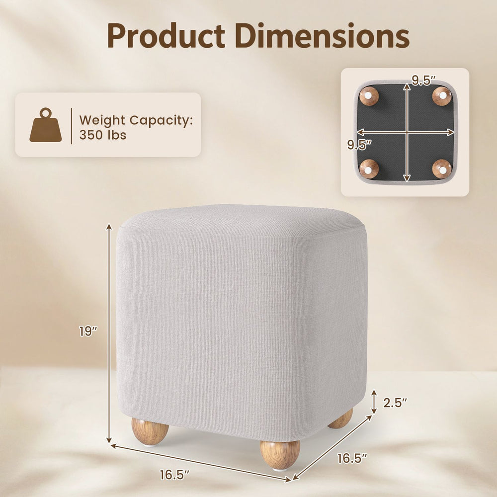 Dimensions of the gray square storage ottoman with rubber wood legs, showing a weight capacity of 350 lbs and compact design.