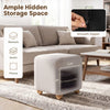 Gray square storage ottoman with solid rubber wood legs, featuring hidden storage for blankets, books, and pillows.