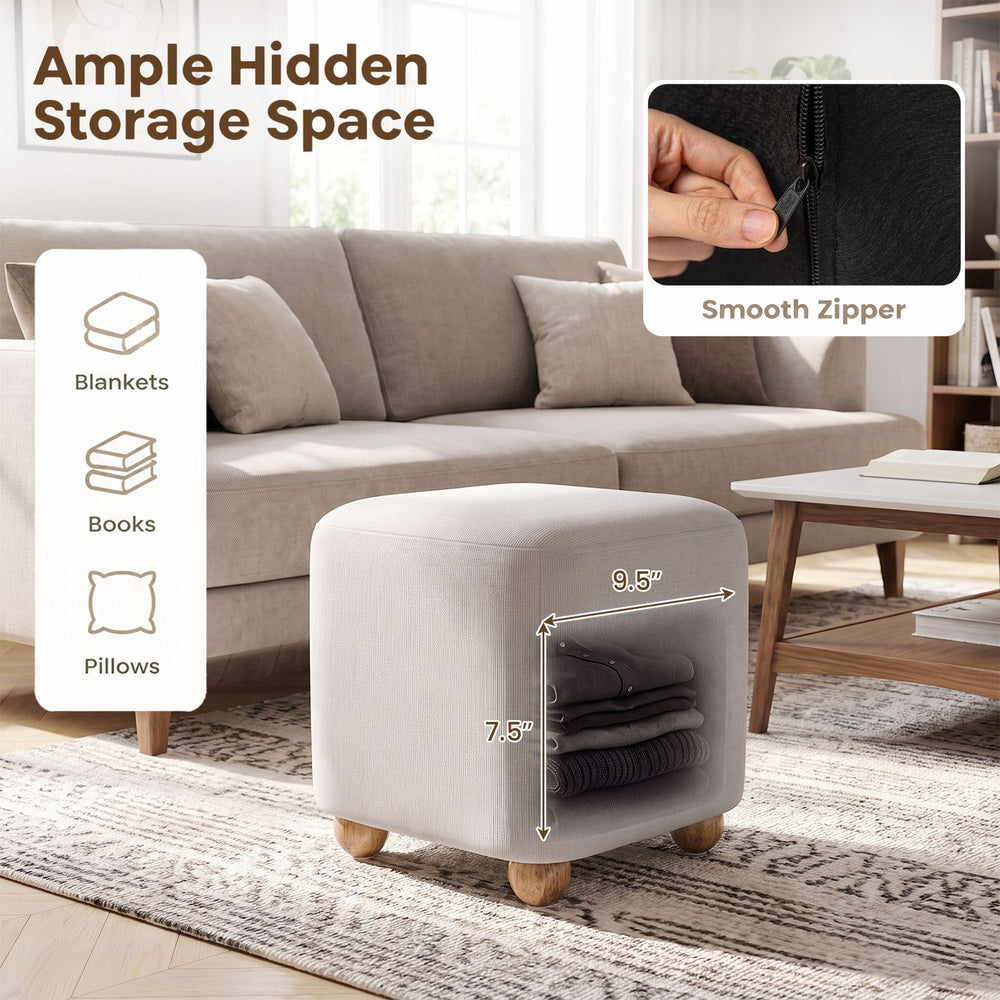 Gray square storage ottoman with solid rubber wood legs, featuring hidden storage for blankets, books, and pillows.