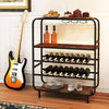 16-bottle wine rack in rustic brown with 5 tiers, glass holders, and sturdy metal frame for kitchen or home bar use.