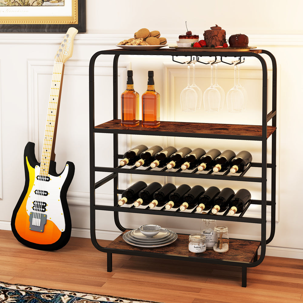 16-bottle wine rack in rustic brown with 5 tiers, glass holders, and sturdy metal frame for kitchen or home bar use.