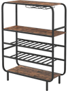Rustic brown 16 bottle wine rack with 5-tier shelves and glass holders, perfect for kitchen or home bar storage.
