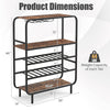 5-tier wine rack in rustic brown with space for 16 bottles and 12 glasses, ideal for kitchen or home bar use.