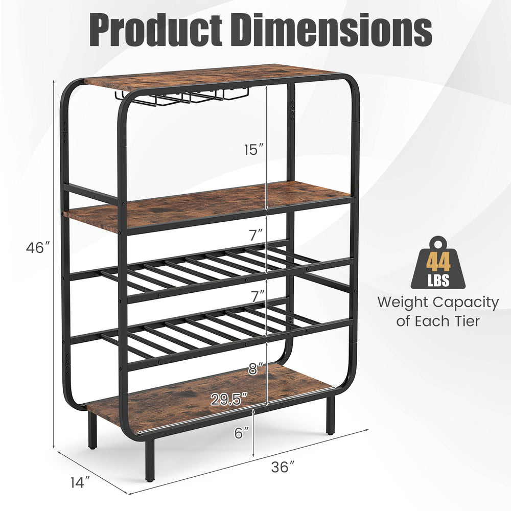 5-tier wine rack in rustic brown with space for 16 bottles and 12 glasses, ideal for kitchen or home bar use.