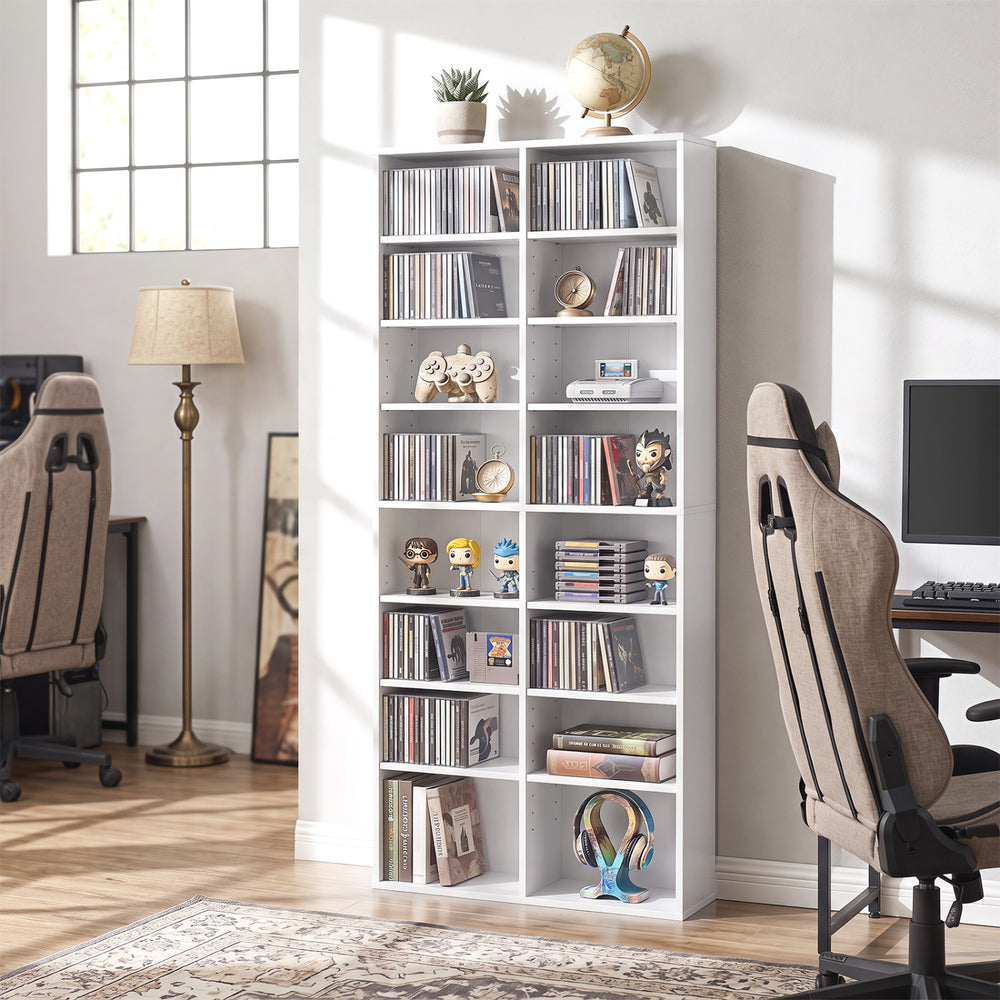 Freestanding 16 compartment CD storage unit in white with 12 adjustable shelves for customizable organization.