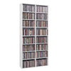 Freestanding white CD storage unit with 16 compartments and 12 adjustable shelves for customizable organization.