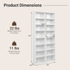 Product dimension chart for 54" freestanding white CD storage unit showing weight capacities for counter and shelves.