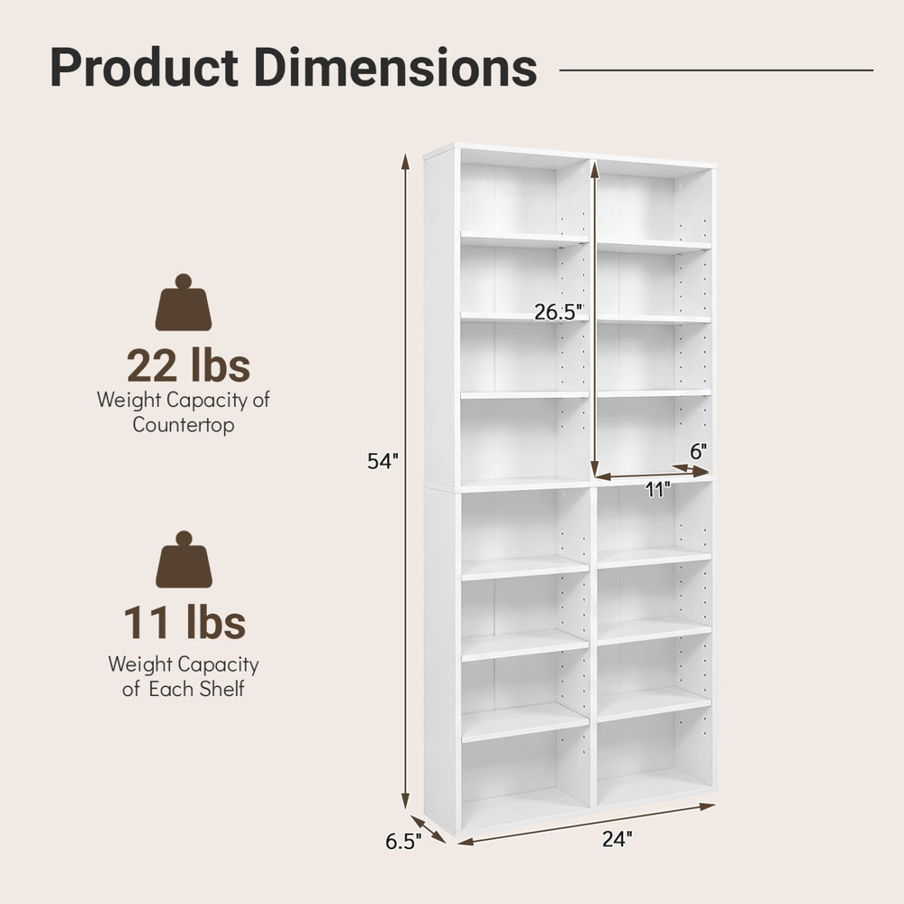 Product dimension chart for 54" freestanding white CD storage unit showing weight capacities for counter and shelves.