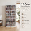 16-compartment white CD storage unit with 12 adjustable shelves for organized display of DVDs, games, and decorative items.