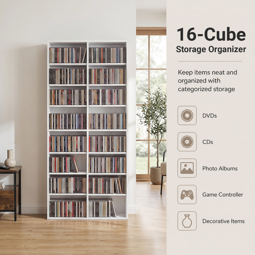 16-compartment white CD storage unit with 12 adjustable shelves for organized display of DVDs, games, and decorative items.
